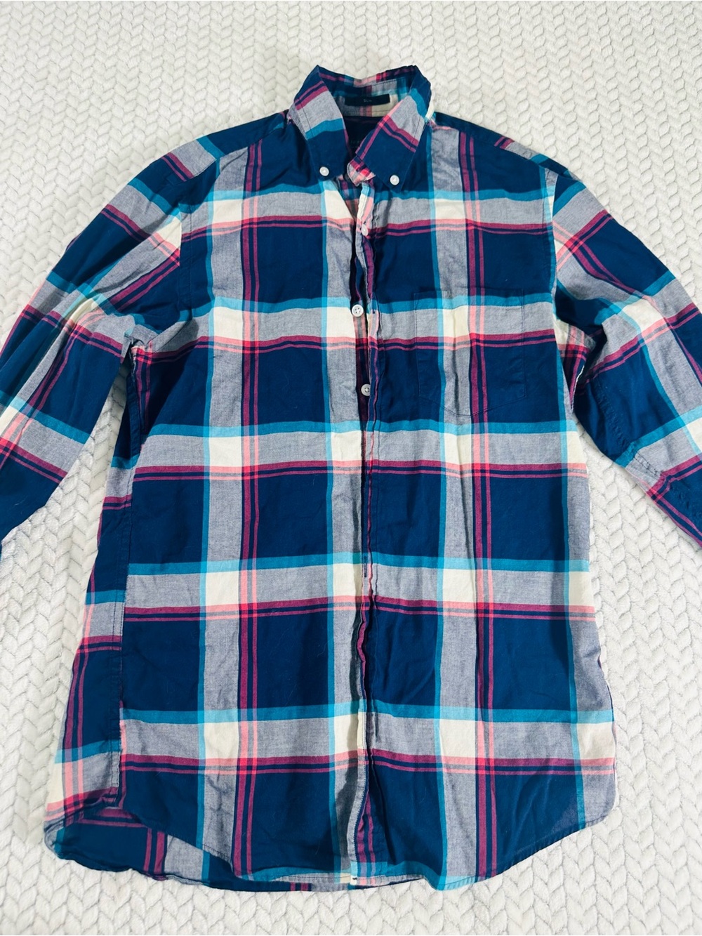 J.Crew Mens Madras Plaid Button Down Shirt Navy Teal Red Cotton  Size S
